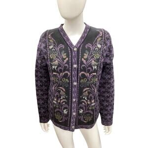 Cherry Lewis Cardigan Women’s Size M 100% Wool V-Neck Short Flower Motif Purple